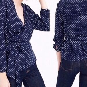 J.Crew Blouse Silky Blue White Foulard Dot Wrap Style Size Medium